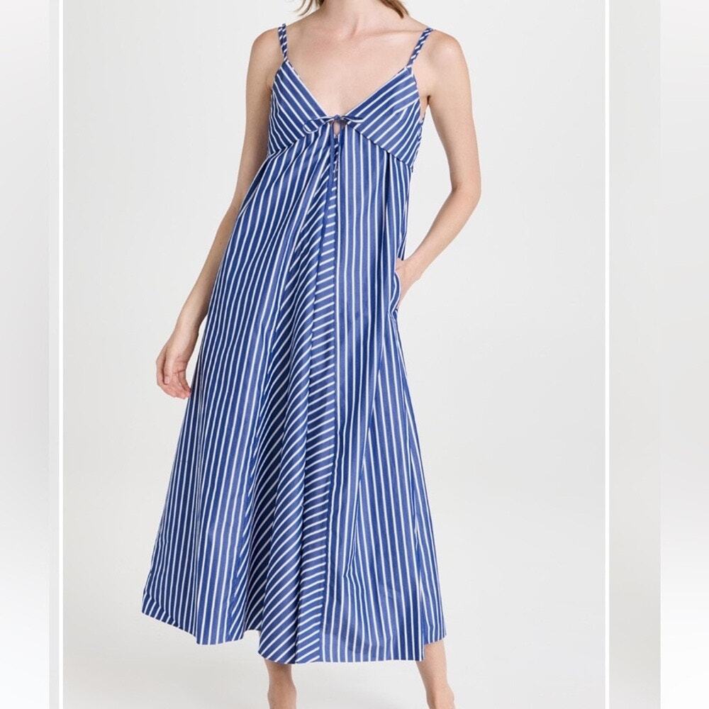 REBECCA TAYLOR Marseille Stripe Cotton Tea-Length Midi Dress Blue/White Size 8